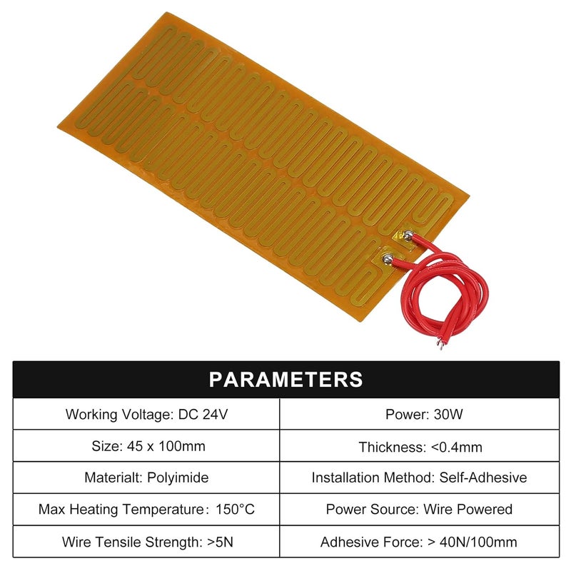 Coliao 6pcs 45mmx100mm Film Heater Plate Adhesive Pad, PI Heating Elements Film 24V 30W Strip Heater Adhesive Polyimide Heater Plate - Image 3